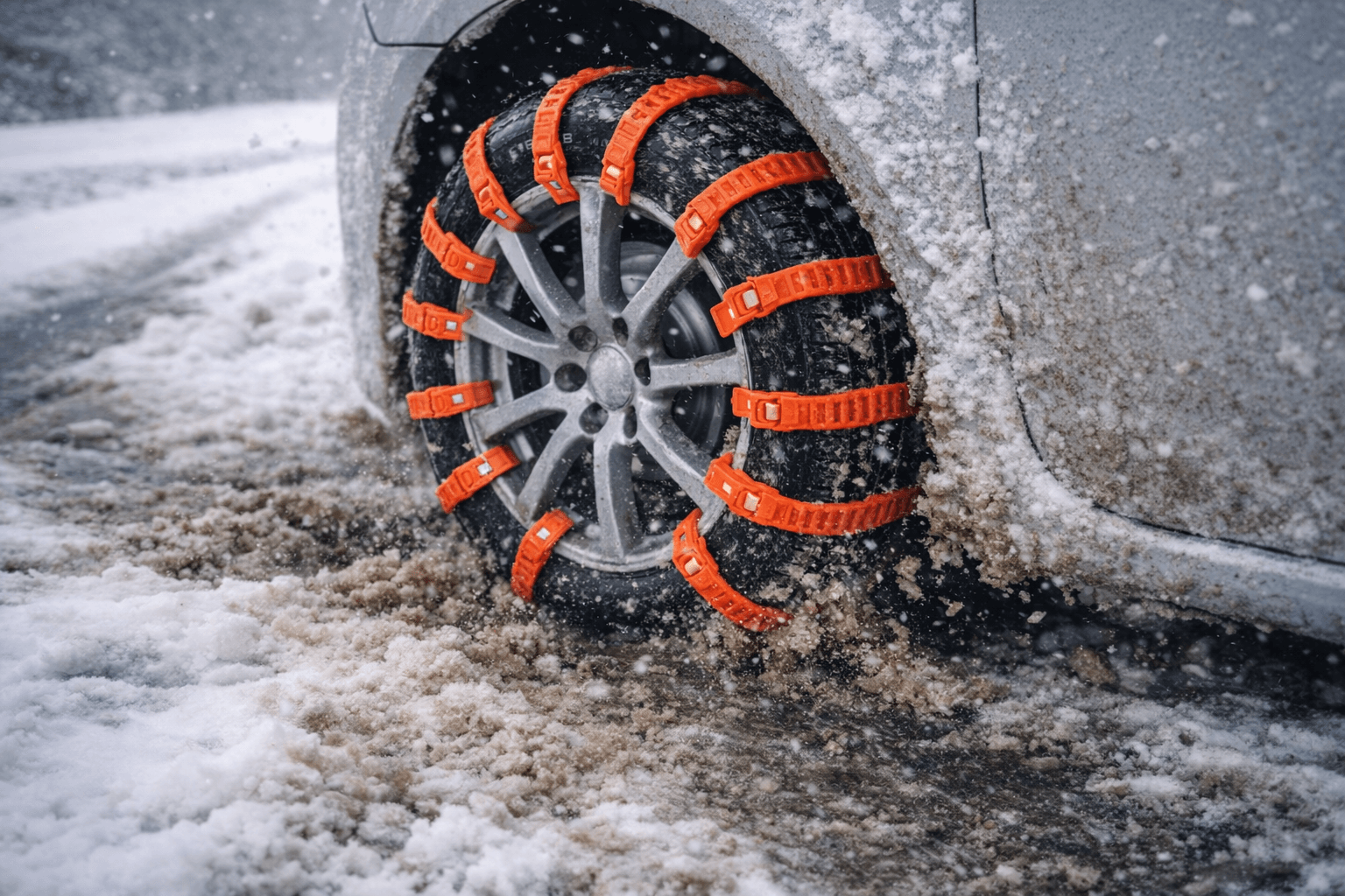 Car tyre fitted with orange emergency snow chains on a snow-covered road