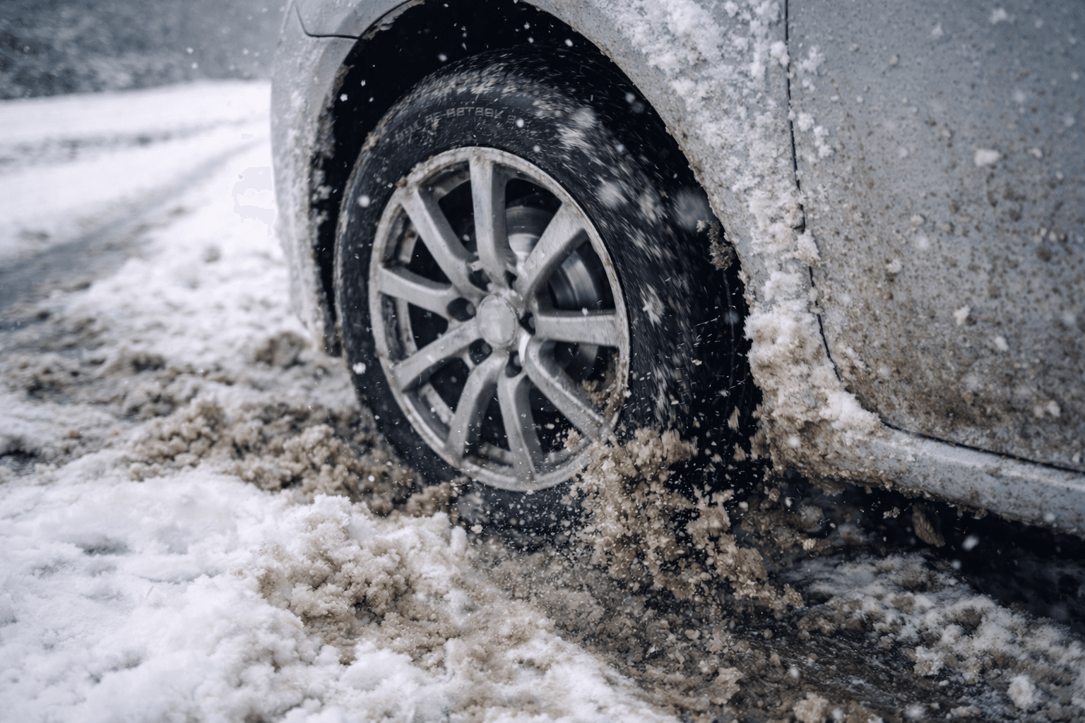 Car tyre driving through snow and slush on an icy road, spraying mud