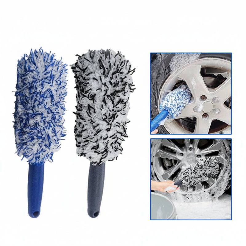 Car wheel cleaning brush with plush microfiber