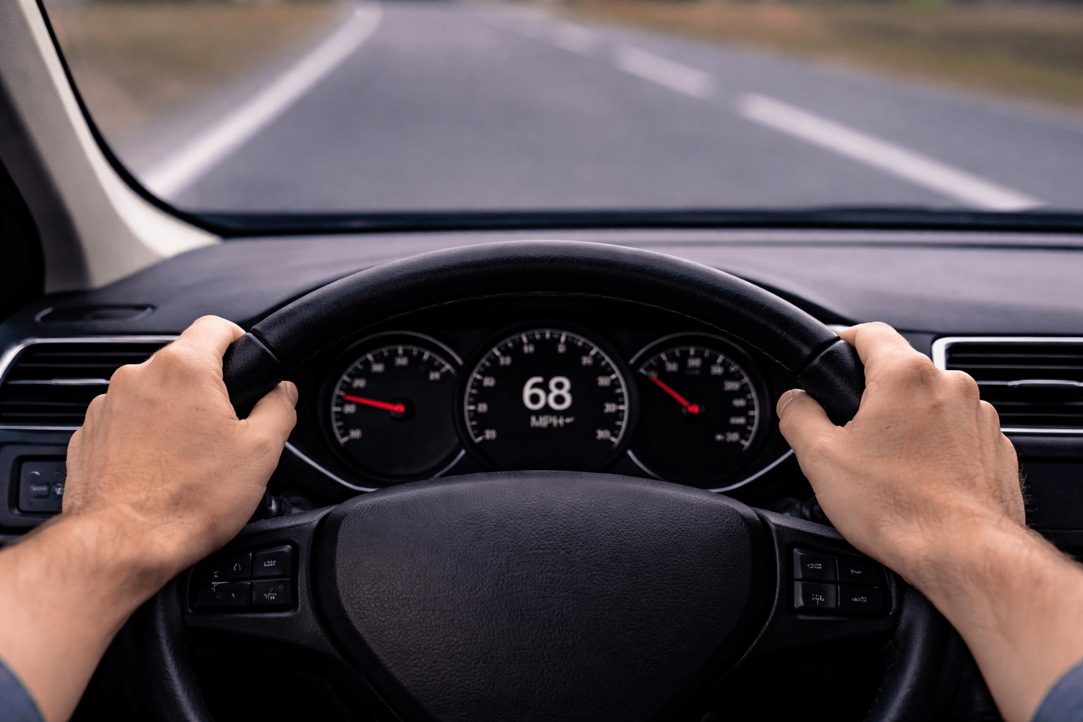 Driver's view with both hands on the steering wheel and the dashboard ahead on an open road