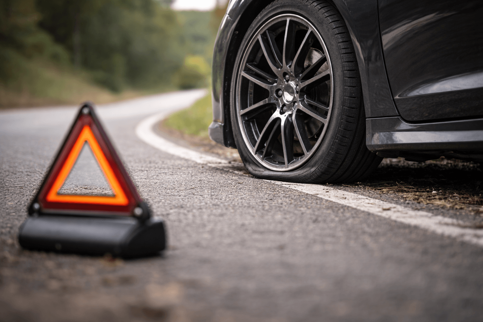 Car with a flat tyre pulled over on a roadside with a red warning triangle behind it