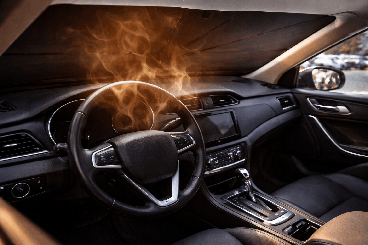 Car interior with heat rising from the dashboard in a hot cabin, before using a windscreen sunshade
