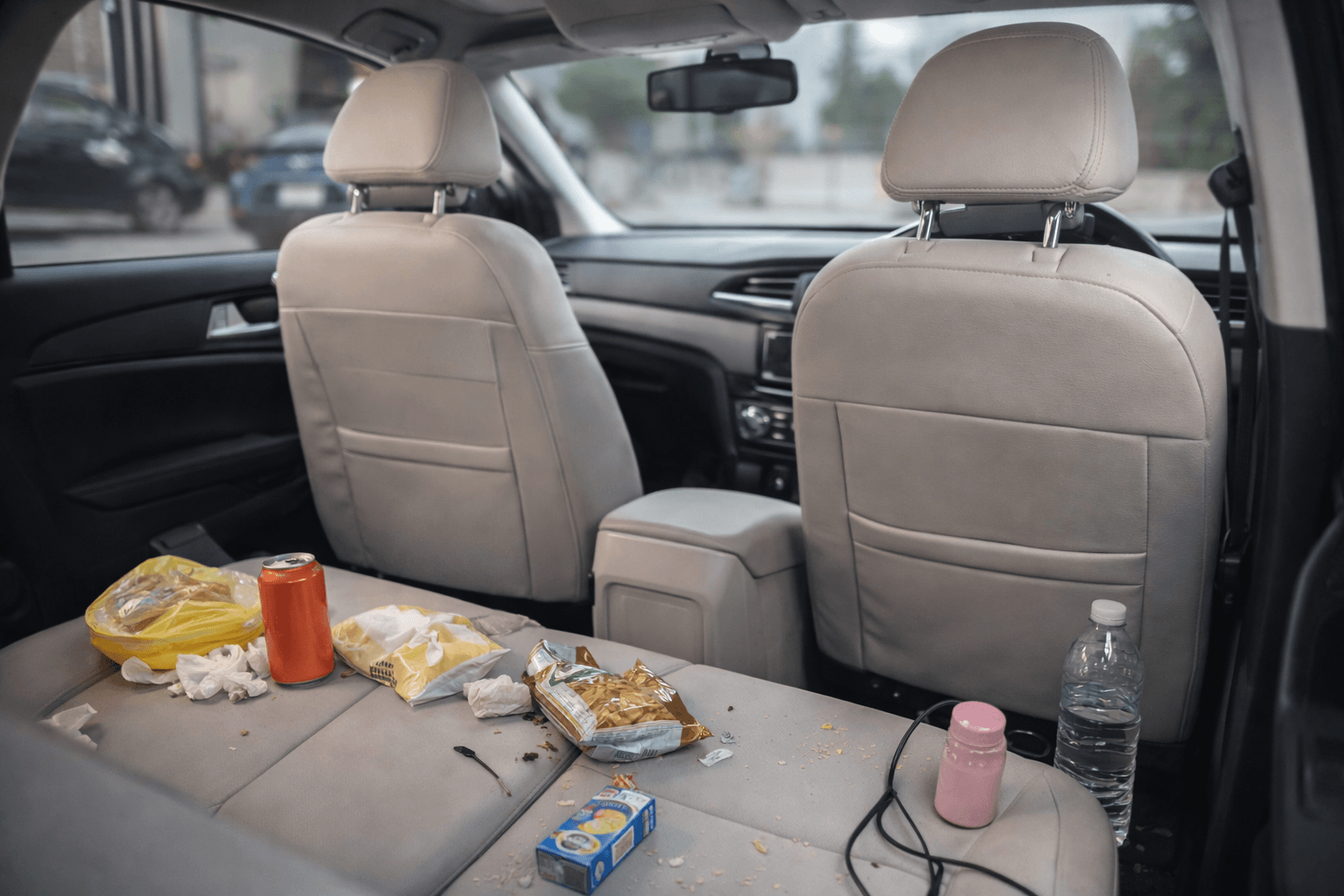 Car back seat covered in food wrappers, crumbs and rubbish, before using a backseat organiser