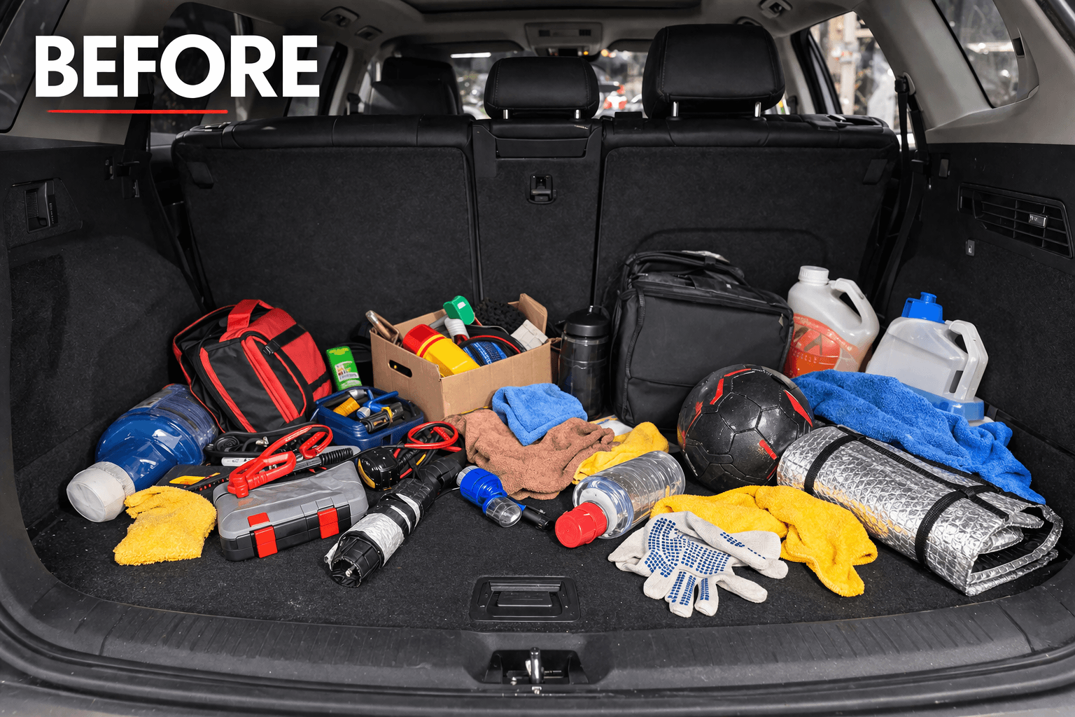 Cluttered car boot full of disorganised tools, bags, bottles and gear, labelled "before"