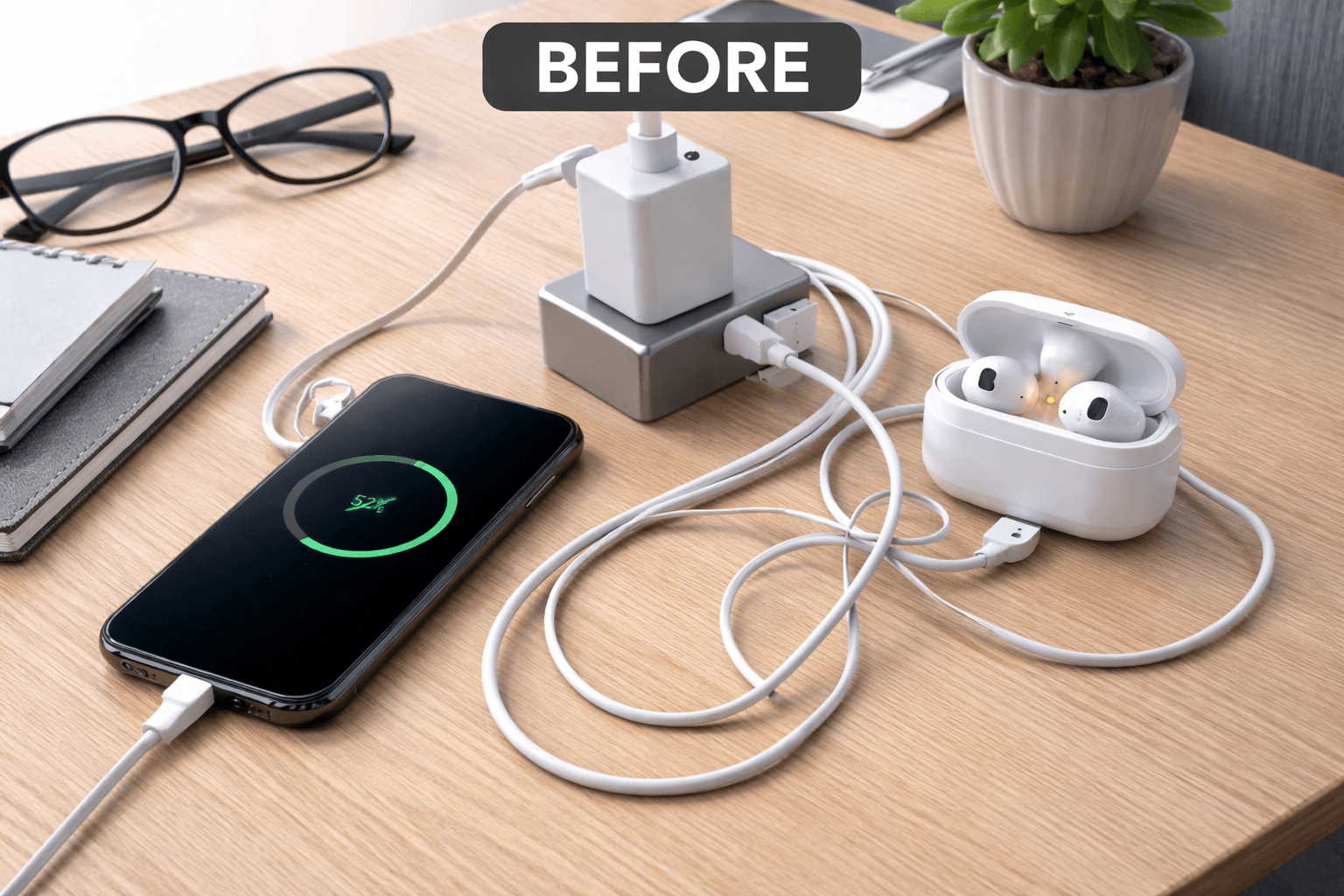 Cluttered desk with phone, earbuds and multiple tangled charging cables, labelled "before"