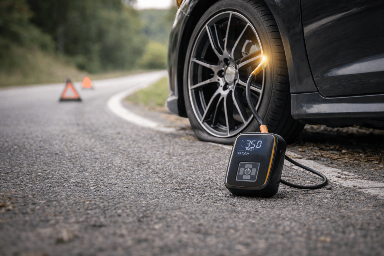Portable digital tyre inflator pumping up a car tyre on the roadside, display showing 35 PSI