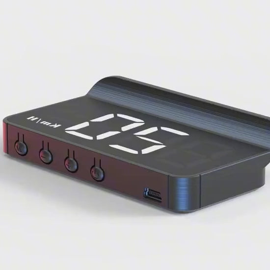 Car heads-up display unit showing a digital speed readout with control buttons