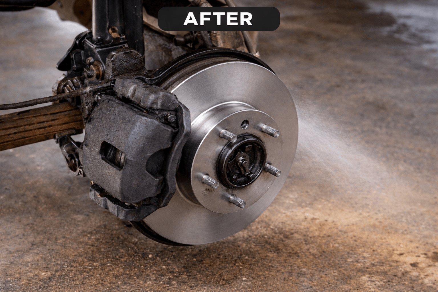 Clean, restored brake disc, caliper and hub on a vehicle, labelled "after" treatment