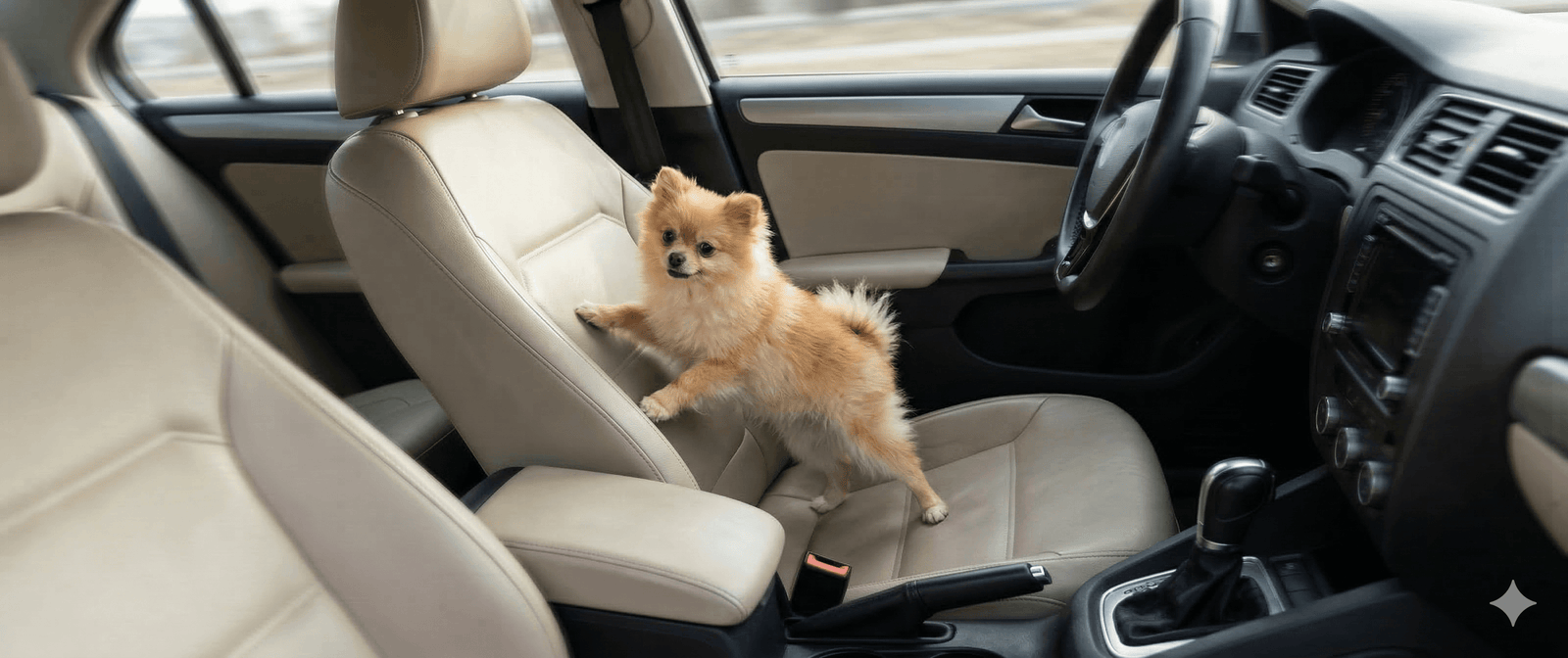 Small fluffy dog standing on a car's beige leather front passenger seat