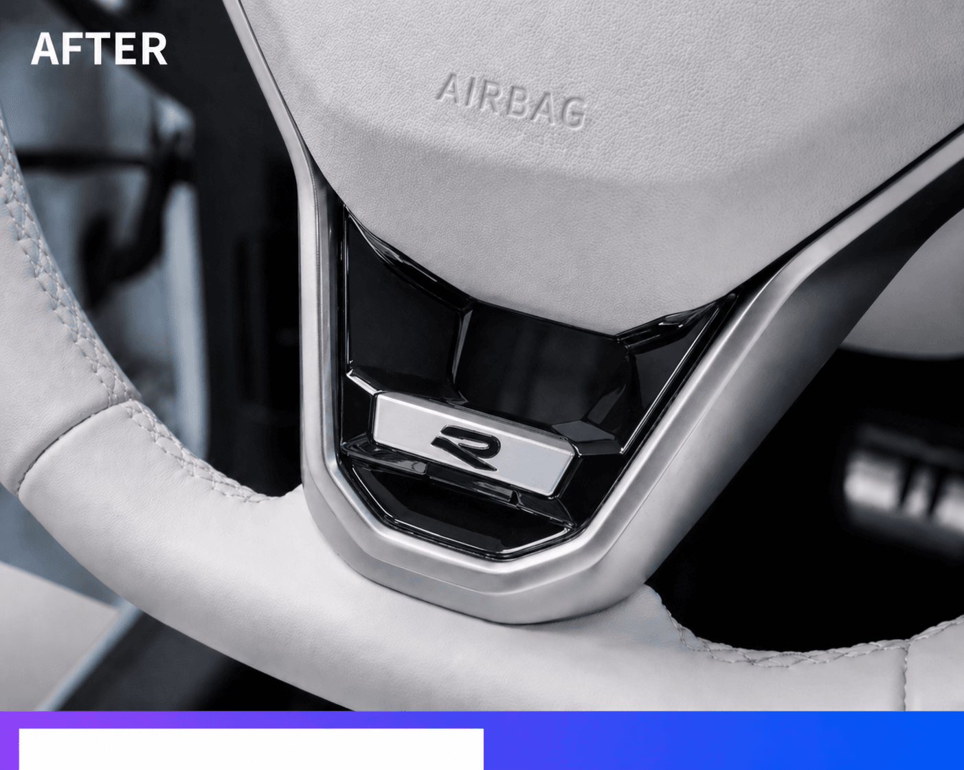 Close-up of a car steering wheel with a fresh light-coloured cover and airbag emblem, labelled "after"