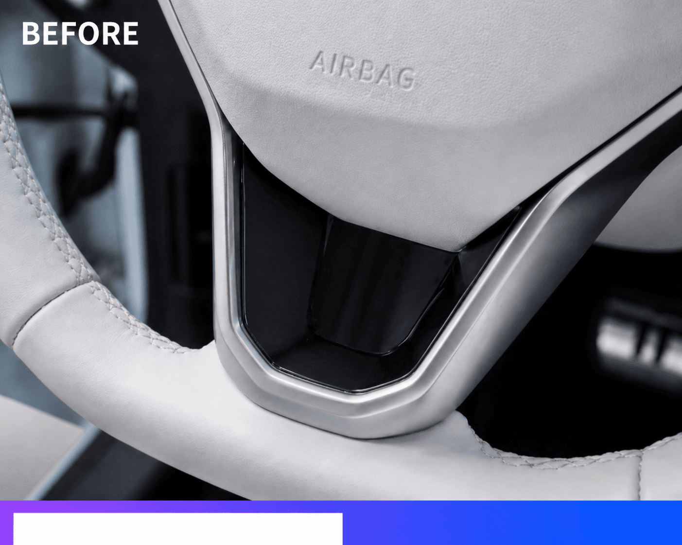 Close-up of a car steering wheel with a fresh light-coloured cover and airbag emblem, labelled "after"