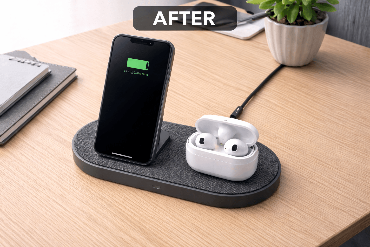 Tidy desk with a wireless charging station charging a phone and earbuds, labelled "after"